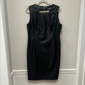 Calvin Klein Black Faux Leather Sheath Midi Dress